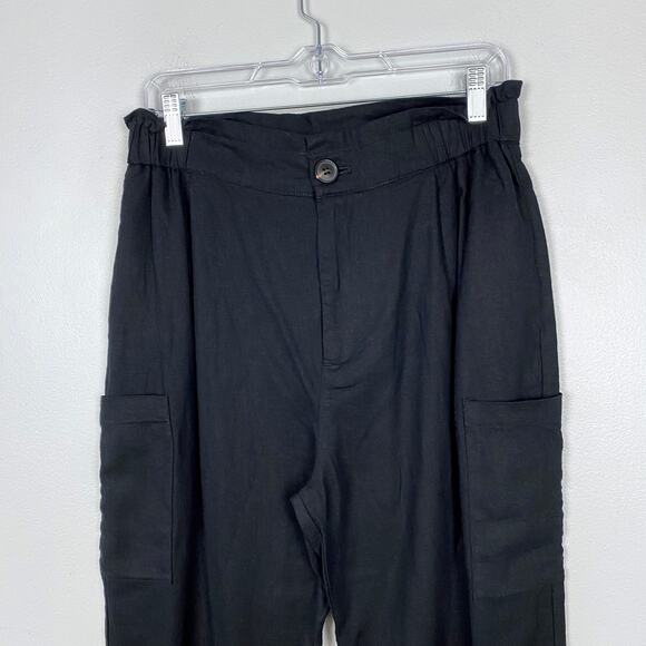 Zara Baggy Linen Trouser Cargo Pant Black Tapered Leg Pockets Cuffed Size 6 - Picture 2 of 10